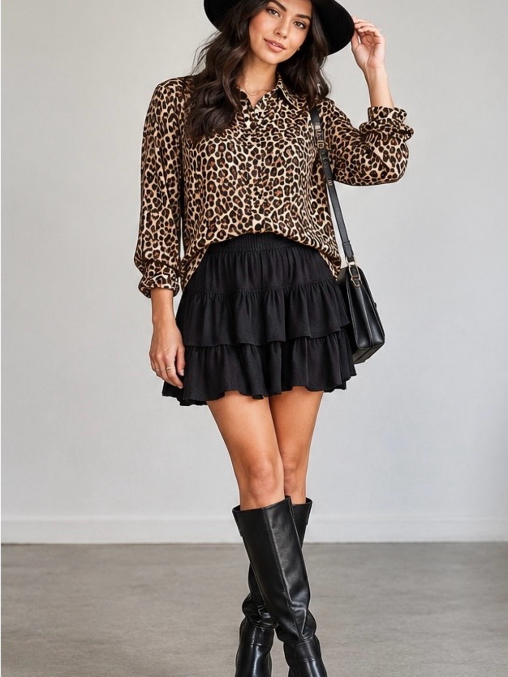 Notations Women’s Vintage Leopard Button-Up Blouse Brown Black XL Shoulder Pads